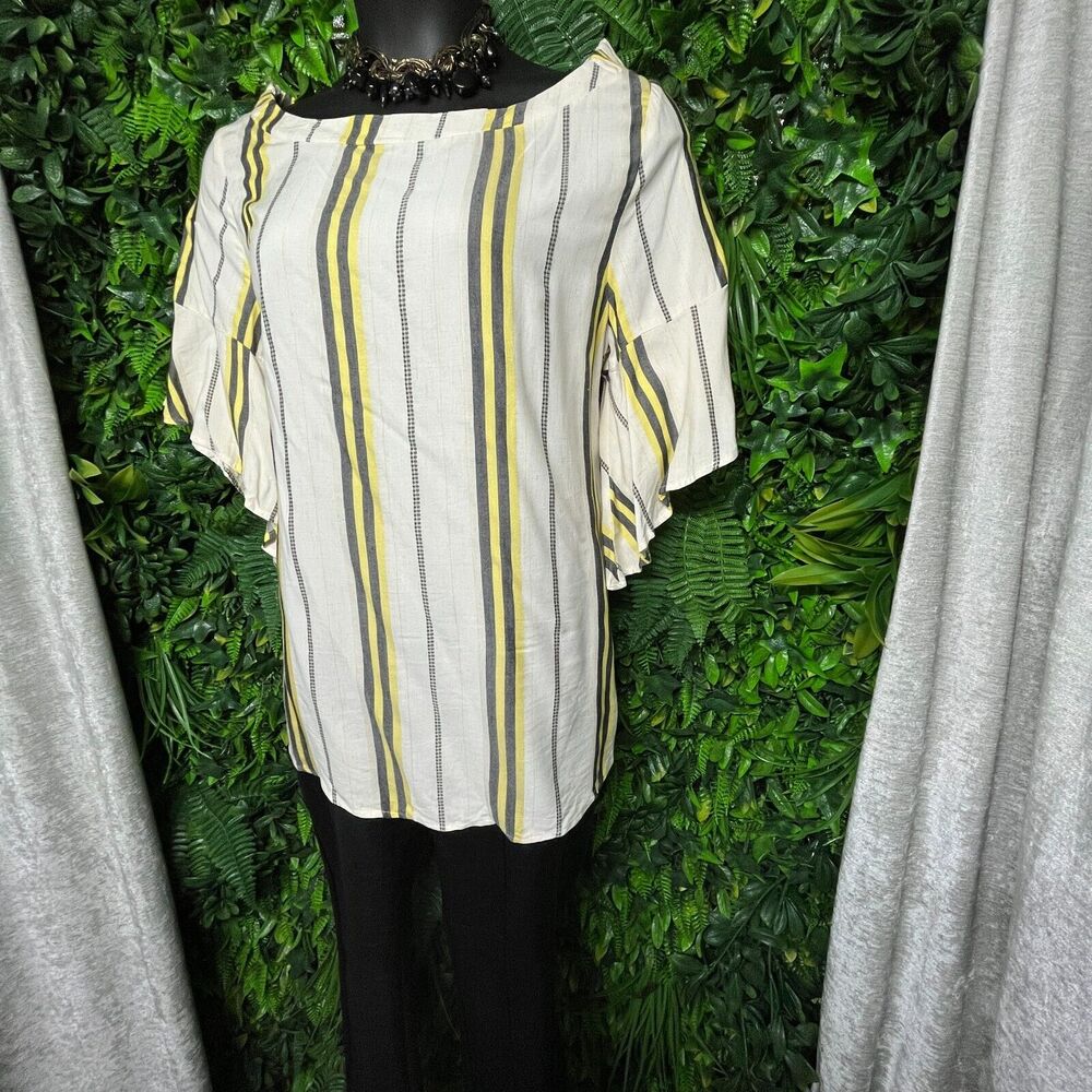 Women Tops 2X Beige Blouse Striped Print Ruffle Sleeve Verxy 1507 - Picture 7 of 9